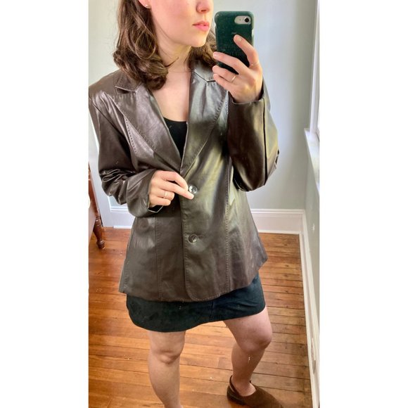 Vintage 100% Leather Y2K Chocolate Brown Blazer Jacket - Picture 3 of 9